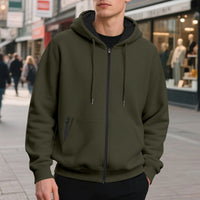 Men's Fleece-lined Loose Drawstring Hooded Zip-up Sweater