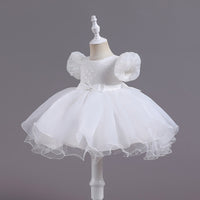 Sequined Puff Sleeve Lace Mesh Bubble Skirt Dance Performance Dress