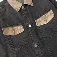 Contrast Color Leather Patchwork Lapel Pocket Denim Clothes Jacket