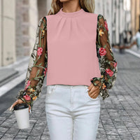 Womens Half-Neck Blouse With Patchwork 3D Embroidered Mesh Fabric
