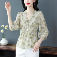 Sweet V-neck Floral Shirt Womens Summer New Stylish Design