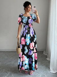Puff-sleeve High-waist Cinched-waist Printed Maxi Slip Dress For Women