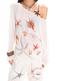 Diagonal Collar Long Sleeve T-shirt Printed See-through Loose Blouse