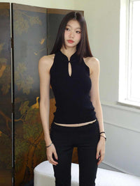 Stand Collar Retro Buckle Black Knitted Vest Women's Short Sleeveless Top