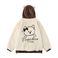 Cute Embroidered Bear Ear Hooded Lamb Plush Coat