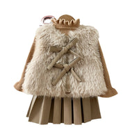 Girls' Autumn And Winter Warm Fur Waistcoat Leather Skirt Suit