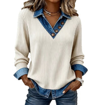 Womens Denim-Trim Patchwork Mock Two-Piece V-Neck Long-Sleeve Casual Top