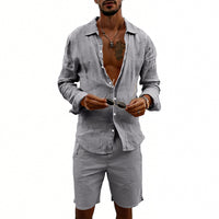 Men's Linen Casual Loose-Fit Long-Sleeve Shirt And Shorts Set