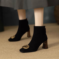 Retro Matte Leather High-Heel Short Boots With Metal Buckle And Side Zipper