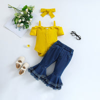 Summer Girls' Suit Ins Clothes For Babies Short Sleeve Strappy Romper Denim Bell-bottom Pants