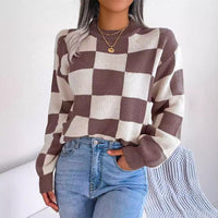 Contrast Color Checkerboard Loose And Lazy Style Stitching Sweater