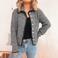 Commute Slim-fit Knitted Coat Polo Collar Stripes Contrast Color Single-breasted Sweater