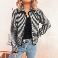 Commute Slim-fit Knitted Coat Polo Collar Stripes Contrast Color Single-breasted Sweater