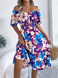 Women's Casual Floral Print Square Neck Short Sleeve Tie Waist Ruffle A-Line Dress