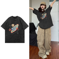 Distressed Loose-fit Cotton Plus-size Half-sleeve Top