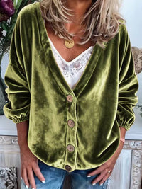 Womens Casual V-neck Long-sleeve Solid-color Cardigan Top