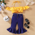 Girls' Yellow With Polka Dots Suspender Flared Jeans Suit