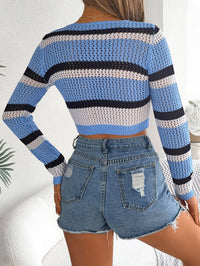 Hollow-out Color-block Striped Lace-up Long-sleeve Cropped Knit Cardigan Sun Protection Shirt