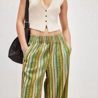 Womens Loose Casual High-waisted Striped Wide-leg Pants