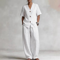 Summer Linen Solid-color Collarless Short-sleeve Top And Casual Wide-leg Pants