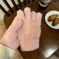 Winter Thickened Simulated Rabbit Fur Gloves Warm Mink Fur Riding Plain Five-finger Outdoor Skiing Cold-proof Gloves