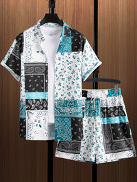 Casual Lapel-Button Hawaiian Shirt And Shorts Set For Men