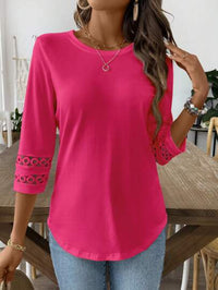Womens Casual T-Shirt With A Crew Neck Patchwork Lace And Three-Quarter Sleeves