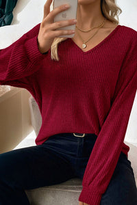 Contrast-color Satin Ribbon Bow Backless Drop-shoulder Long-sleeve Top