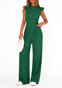 Womens Solid-Colored Summer Two-Piece Set Ruffled Hem Wide-Leg Pants Casual Fashion Outfit