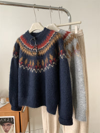 Loose Leisure All-matching Thick Warm Contrast Color Brocade Sweater