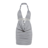 Spring Sexy Deep V Neck Lace Up Halter Dress