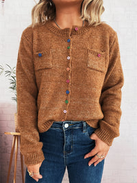 Simple Commute Color Button Chest Pocket Decorative Knitted Sweater