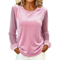 Women's Round-Neck Lace-Panel Long-Sleeve Velvet T-Shirt