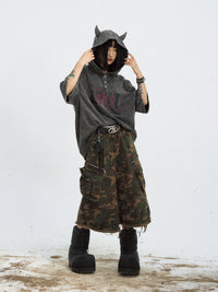 Dark Little Devil Worn Looking Washed-out Hooded T-shirt Black