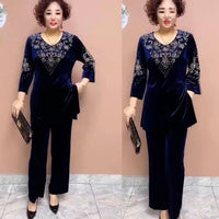 Stylish Gold Velvet Cropped-Sleeve Pants Two-Piece Set