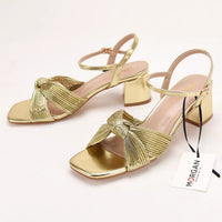 Cross-Strap Knot Square-Toe Mid-Heel Sandals
