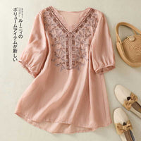 Vintage Embroidered V-Neck Blouse With Three-Quarter Sleeves For Women