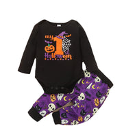 Boys' Black Round Neck Long Sleeve Letter Printed Romper Purple Printed Trousers Infant Children's Suit