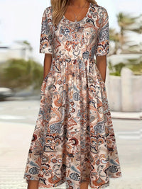 V-neck Short-sleeve Belted Maxi Dress With Pockets