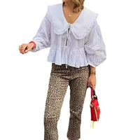 Cross Border Stringy Selvedge Lace-up Doll Collar Shirt Lantern Sleeve Sweet All-matching Top