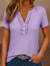 Casual  Relaxed-fit  Fashionable Solid-color Short-sleeve V-neck Pullover With Button Detailing