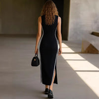 Fashionable Striped Black Ribbed V-neck Split Sports Maxi Skirt