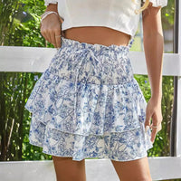 Printed Cable-knit Lace-up Tiered Mini Skirt