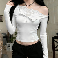 French-style Sexy Pure-and-tempting Irregular Lace Off-shoulder Top