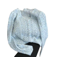 Women's Solid Color Hollow Crocheted V-neck Long-sleeve Knitwear