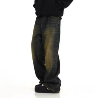 Men's Autumn American Fashion Brand Loose Yellow Mud Dyed Washed Vintage Jeans