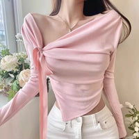 Fashionable Sexy Off-Shoulder Bow-Trimmed Asymmetrical Hem Long-Sleeve Top And Pants Set