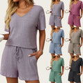Solid-color Ribbed Sleepwear Short-sleeve Loungewear Set