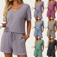 Solid-color Ribbed Sleepwear Short-sleeve Loungewear Set