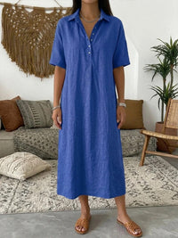 Straight-cut Comfortable Linen Short-sleeve Dress With A Polo Collar